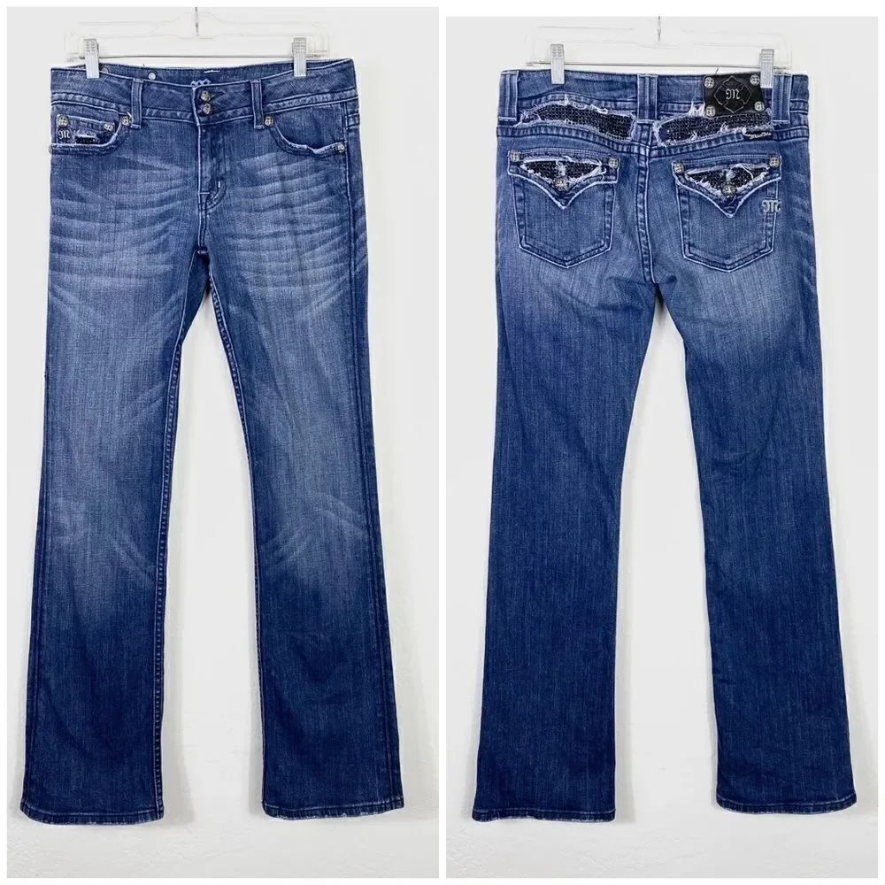 Miss Me Dark Wash Low Rise Rhinestone Embellished Flap Pocket Bootcut Jeans